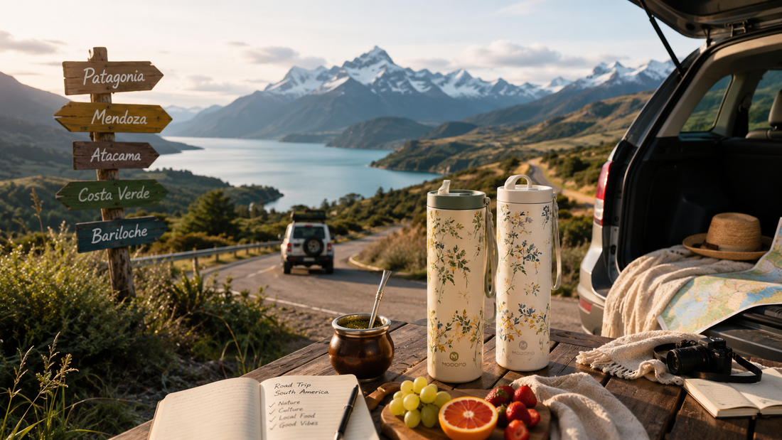 Spring road trip across South America featuring reusable insulated water bottles, scenic mountain roads, blooming wildflowers, picnic moments, and travelers embracing sustainable hydration and light outdoor living.