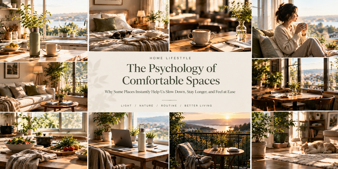 Sunlit home interiors, cozy café corners, comfortable workspaces, and everyday lifestyle scenes that illustrate the psychology of comfortable spaces.