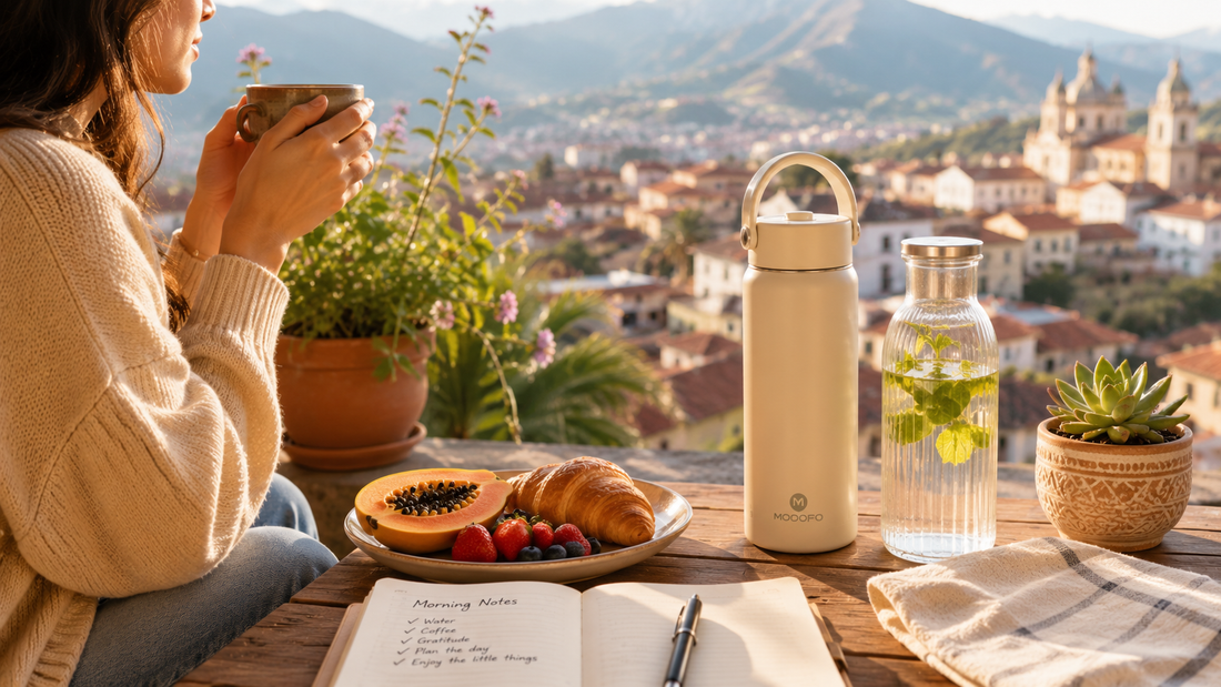 Sunlit morning breakfast scene featuring a reusable insulated tumbler, a ceramic coffee cup, fresh water, seasonal fruit, and a cozy home setting inspired by South American slow living