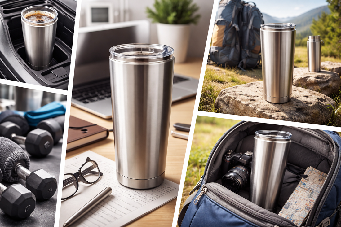 Versatile stainless steel tumbler used across multiple environments including office desk, gym, travel bag, and outdoor settings.