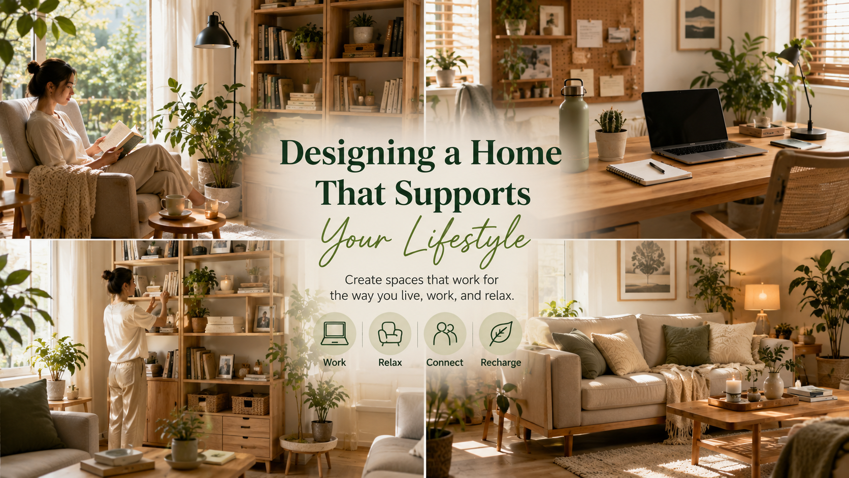 Person enjoying a thoughtfully designed home with a reading corner, indoor plants, organized workspace, and comfortable living room filled with natural light