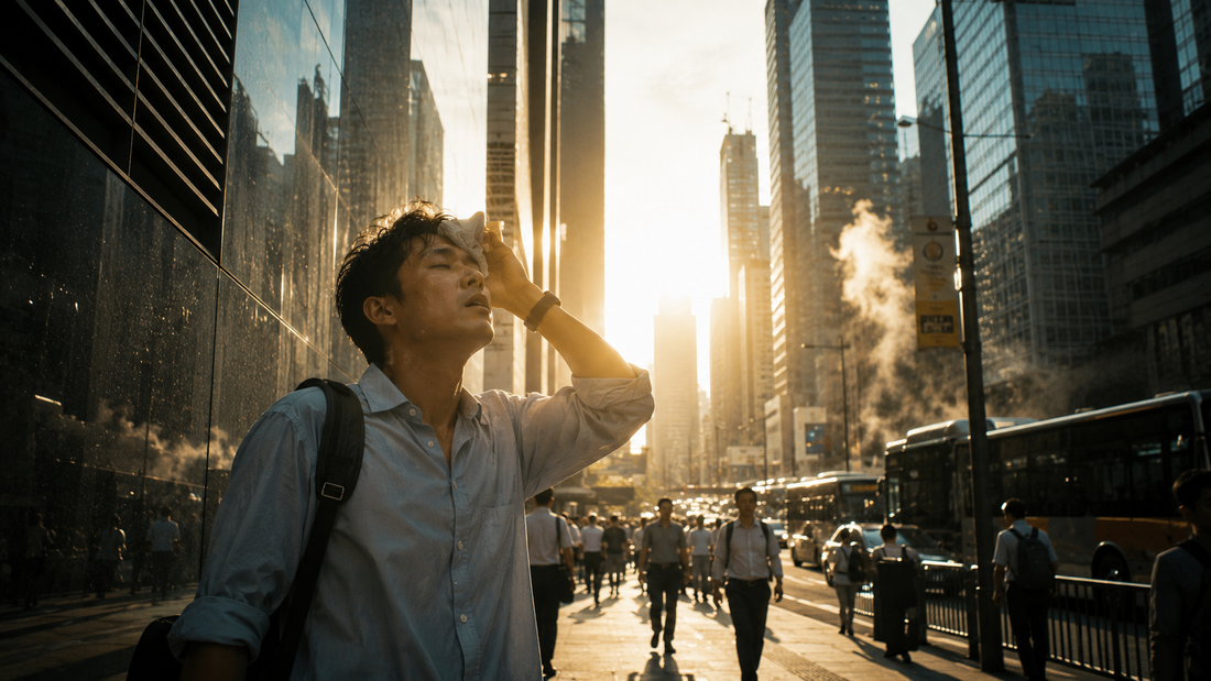 Tired man walking through a hot tropical city street during humid afternoon weather with urban heat atmosphere