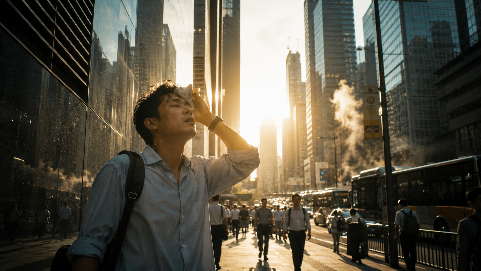 Tired man walking through a hot tropical city street during humid afternoon weather with urban heat atmosphere