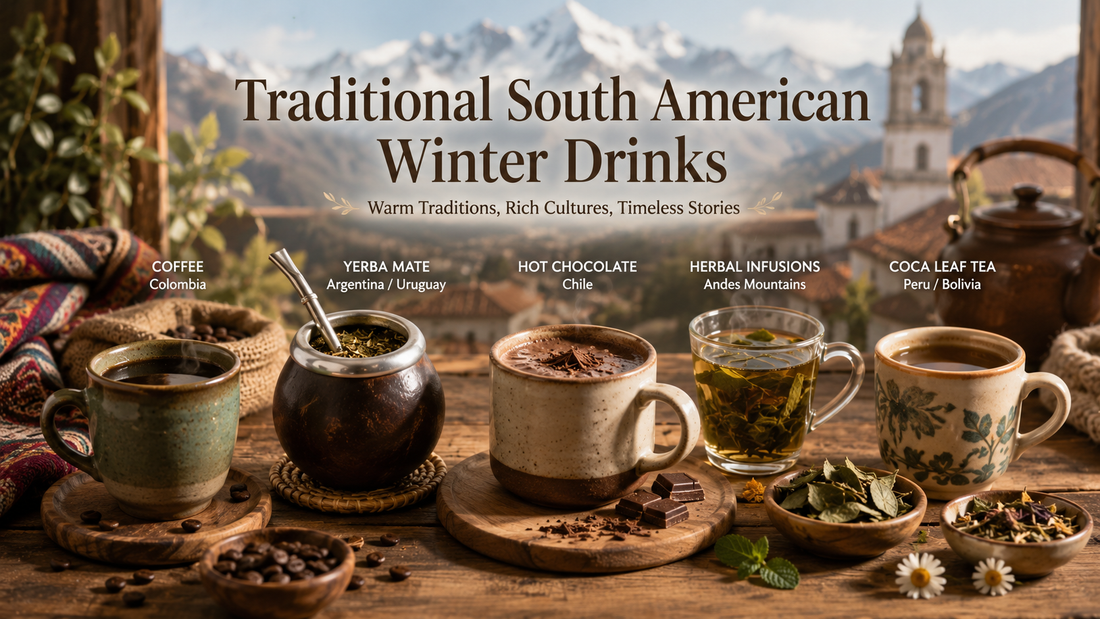 Traditional South American winter drinks displayed on a rustic wooden table, featuring yerba mate, artisan coffee, herbal tea, hot chocolate, fresh local pastries