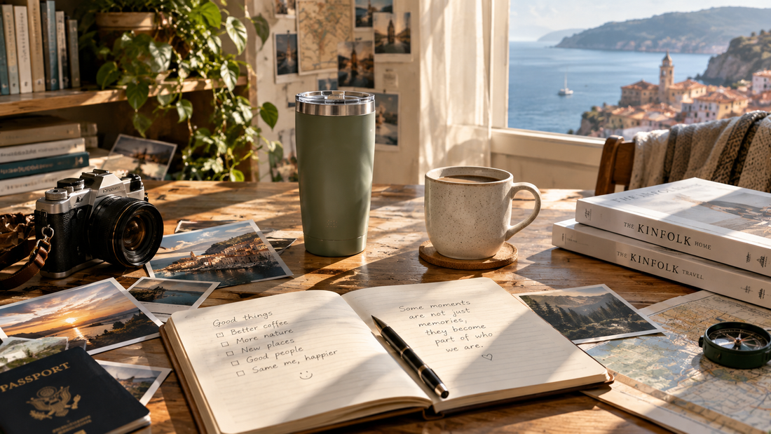 Travel photos, a reusable tumbler, an open notebook, and a camera rest on a wooden table beside a bright European window, reflecting a lifestyle shaped by everyday rituals, travel, and meaningful moments.