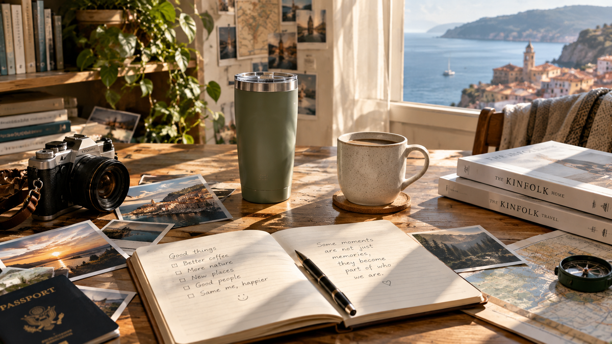 Travel photos, a reusable tumbler, an open notebook, and a camera rest on a wooden table beside a bright European window, reflecting a lifestyle shaped by everyday rituals, travel, and meaningful moments.