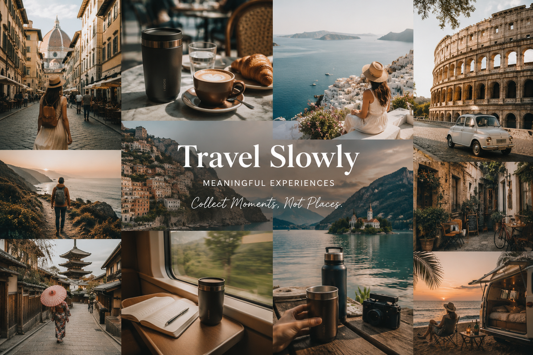 Traveler enjoying a slow travel lifestyle with iconic landmarks, local cafés, outdoor adventures, and meaningful moments around the world