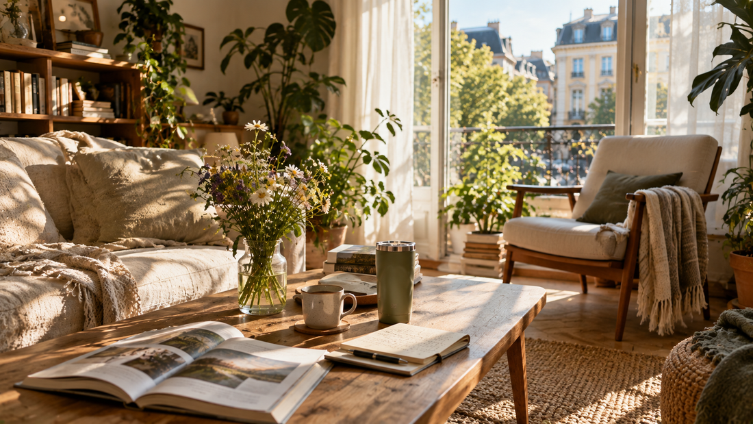 Warm afternoon sunlight fills a cozy Scandinavian-style apartment with an open book, ceramic coffee mug, reusable tumbler, indoor plants, and a peaceful reading corner, capturing the beauty of intentional living and quiet everyday moments.