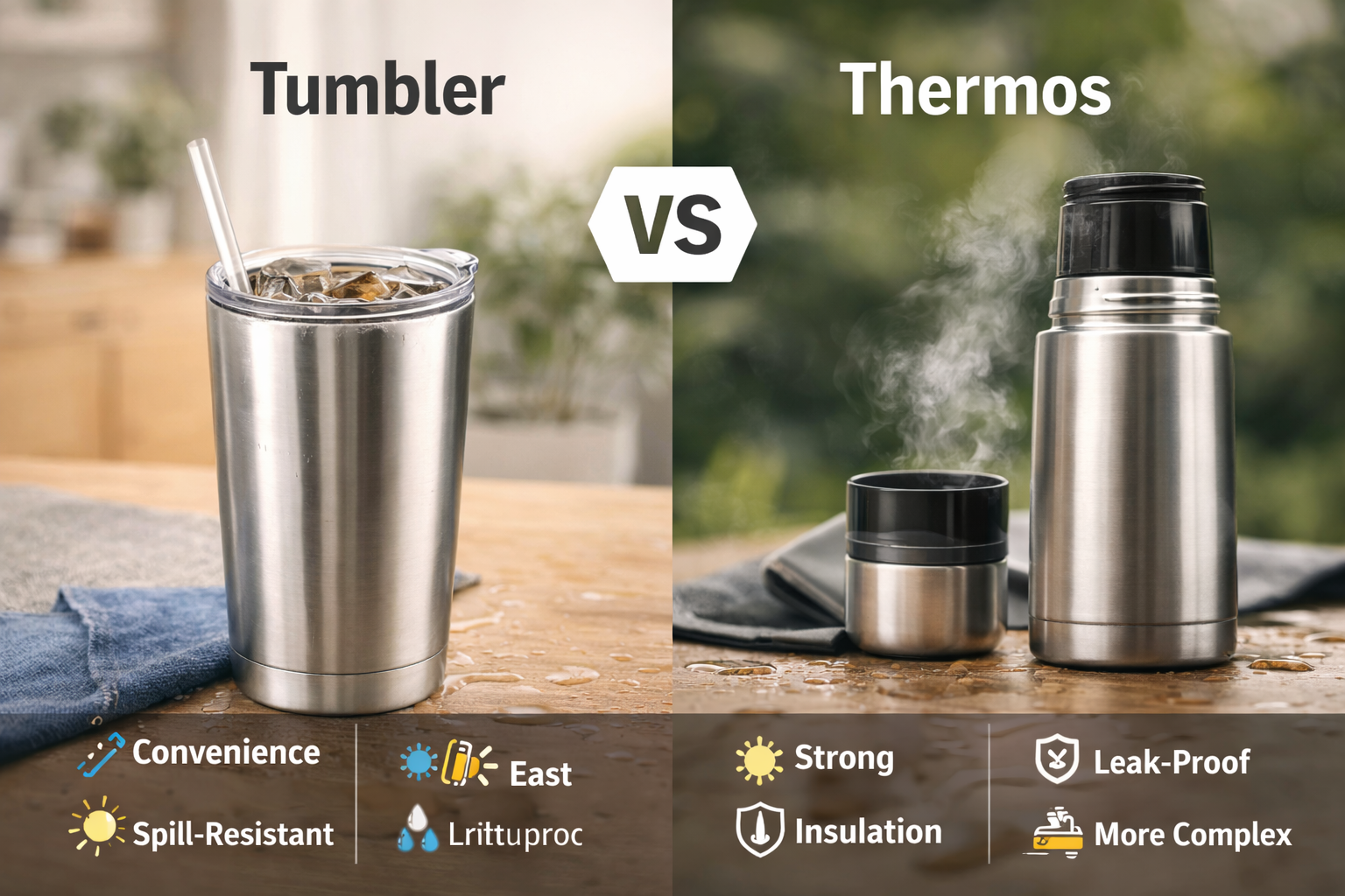 side by side comparison of tumbler and thermos showing differences in design usage and insulation performance