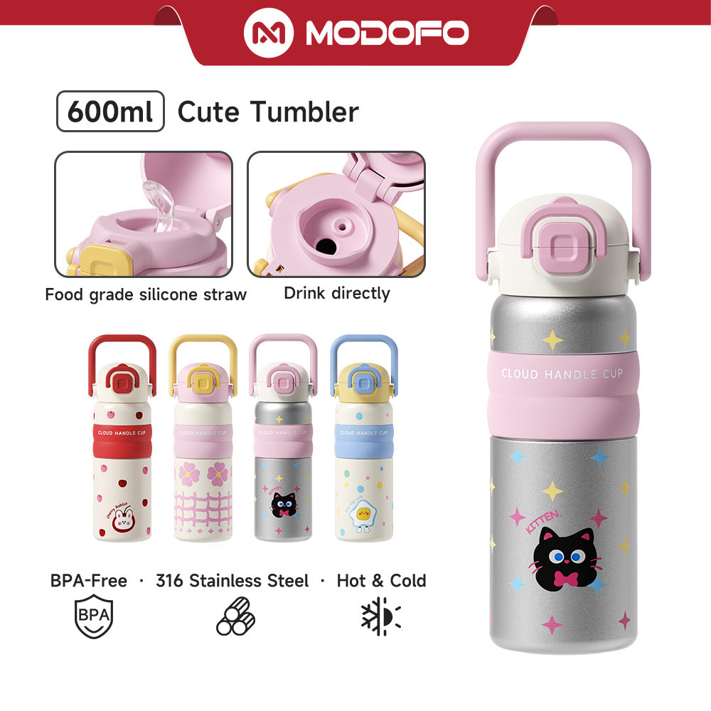 Botol Air Termos Portabel Stainless Steel 316 Lucu MODOFO 600ML dengan Sedotan