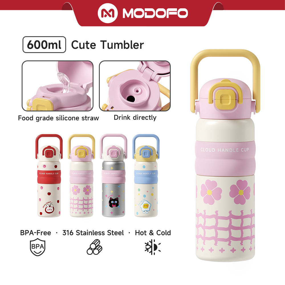 Botol Air Termos Portabel Stainless Steel 316 Lucu MODOFO 600ML dengan Sedotan