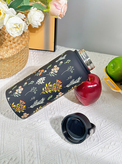 Black floral print thermos water bottle