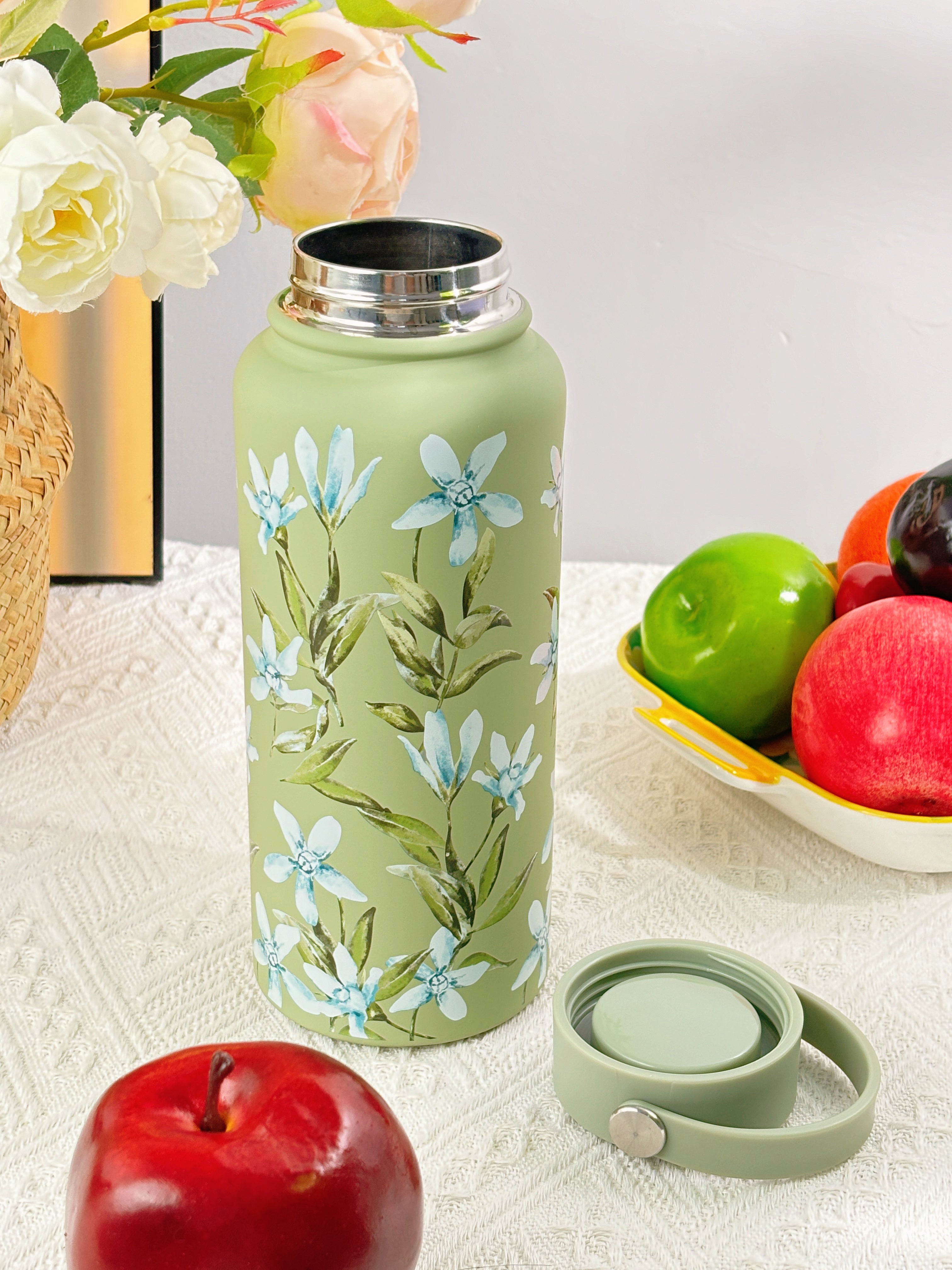 Green Thermos Cup with Floral Print 1000ML Large Capacity