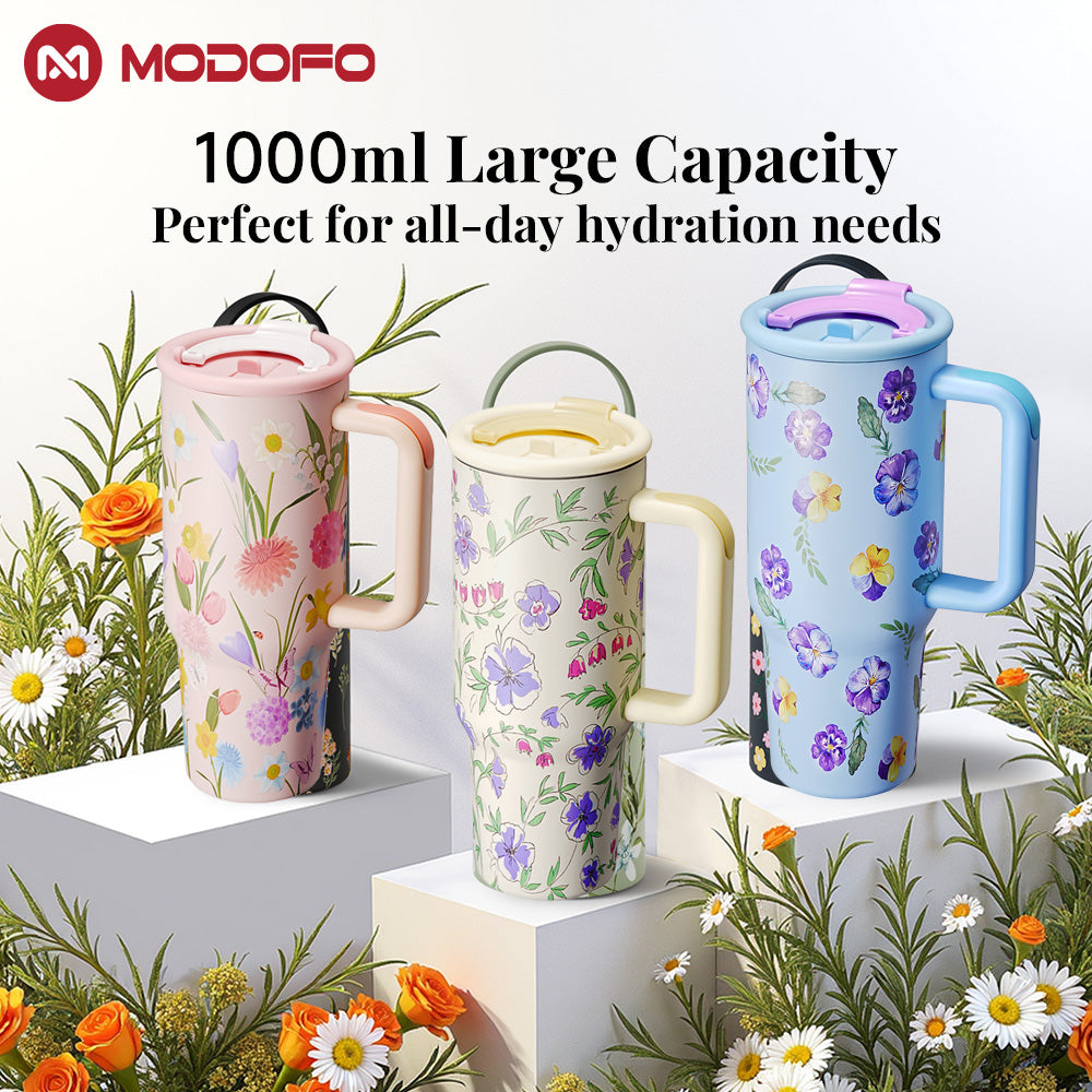 MODOFO Elegant Garden Series – Double-layer Insulated 1000ml Coffee & Tea Cup