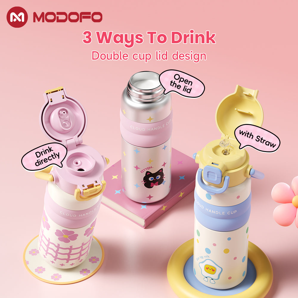 Botol Air Termos Portabel Stainless Steel 316 Lucu MODOFO 600ML dengan Sedotan