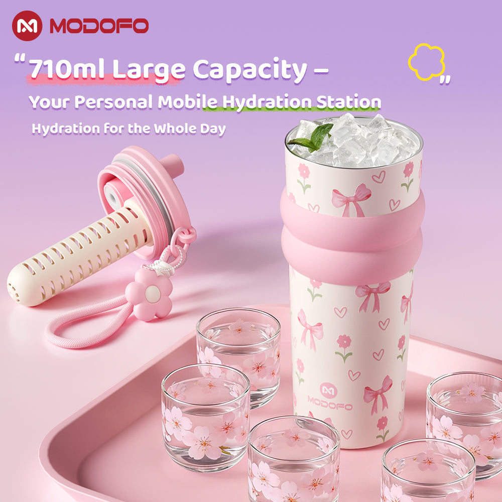 MODOFO 710ml Vacuum Insulated Tumbler with Tea Strainer | 316 Stainless Steel | Hot & Cold Thermal Bottle
