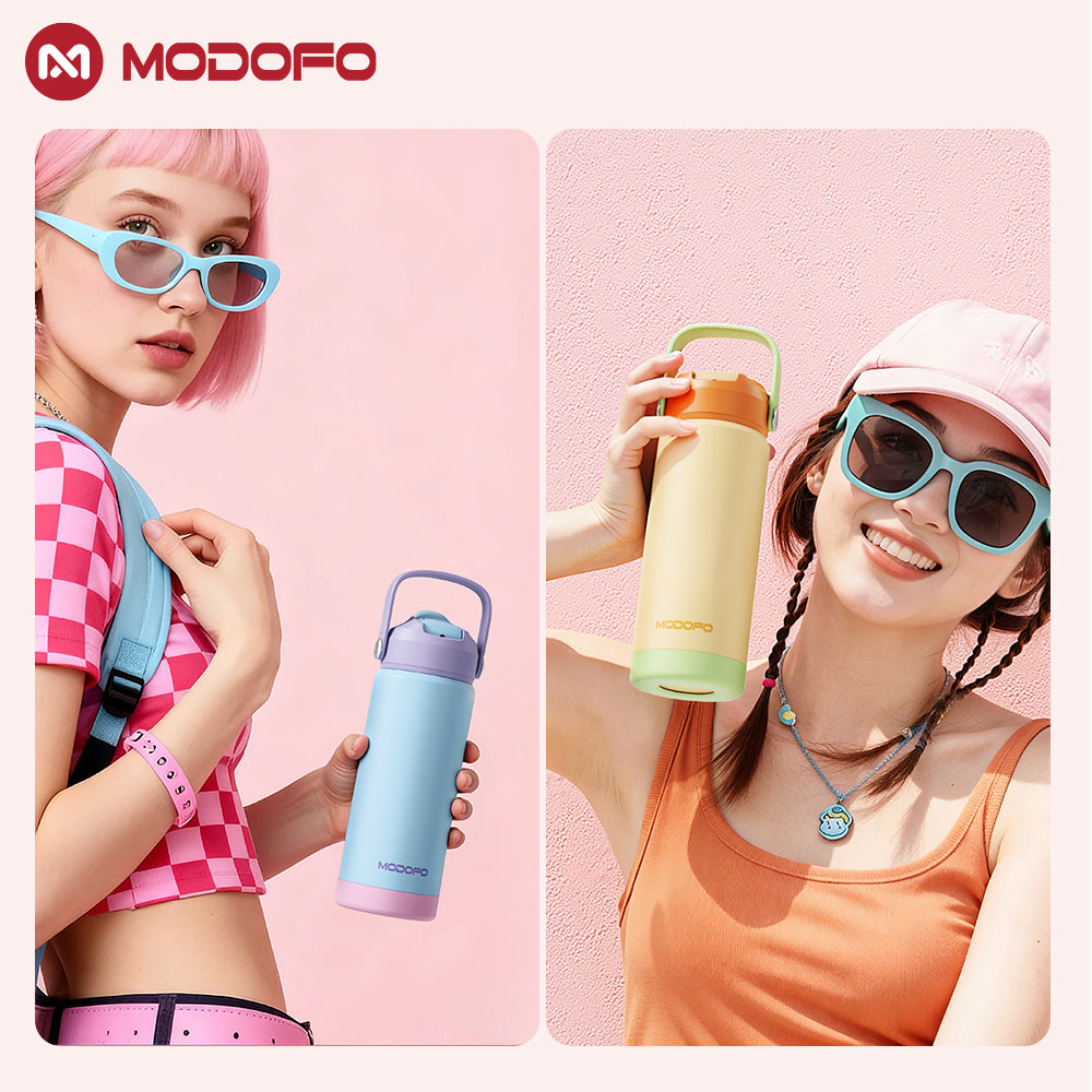MODOFO Tumbler 18 oz Botol Air Portabel Motif Warna-warni Stainless Steel dengan Sedotan