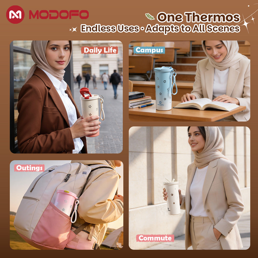 MODOFO Coffee Cup 480ml 316 Stainless Steel With Straw（Customizable star patterns）