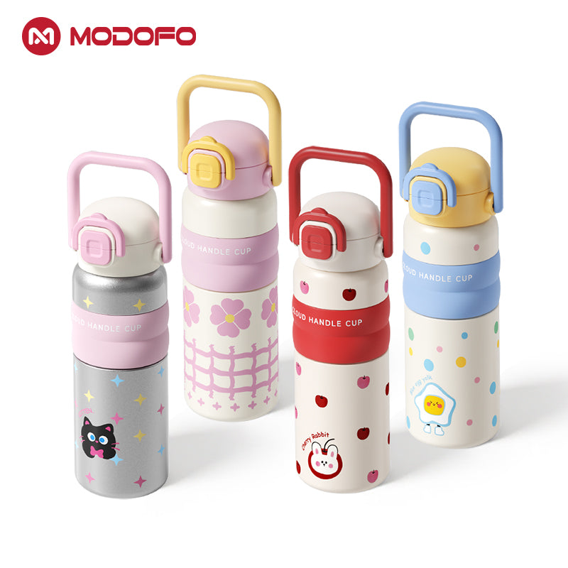 MODOFO 600ML Cute 316 Stainless Steel Portable Thermos Water Bottle with Straw