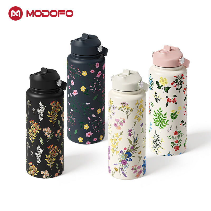 MODOFO 1000ML Portable Water Bottle with Straw Fashion Print Built-in Straw