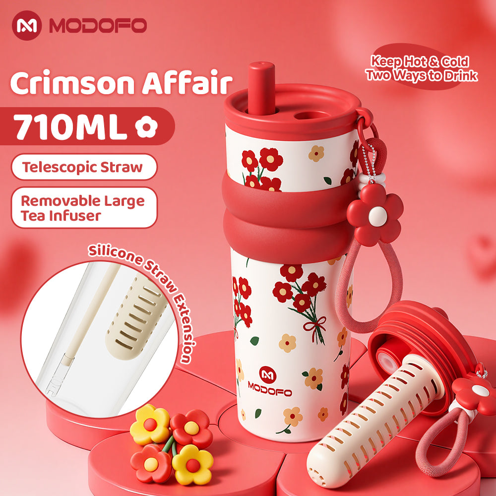 MODOFO 710ml Vacuum Insulated Tumbler with Tea Strainer | 316 Stainless Steel | Hot & Cold Thermal Bottle