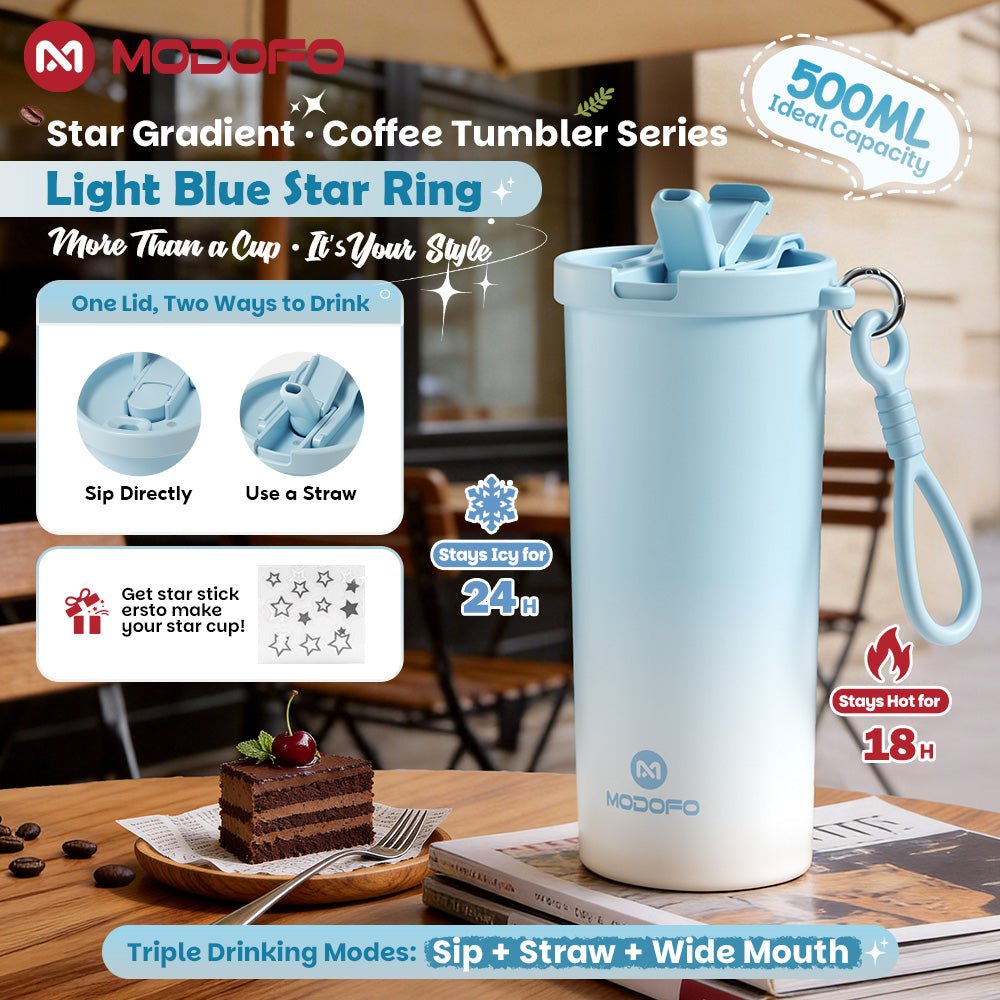 MODOFO Coffee Cup 480ml 316 Stainless Steel With Straw（Customizable star patterns）