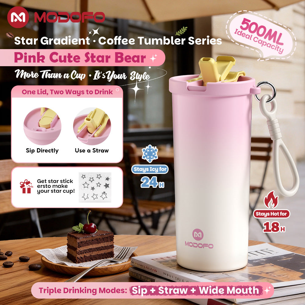 MODOFO Coffee Cup 480ml 316 Stainless Steel With Straw（Customizable star patterns）
