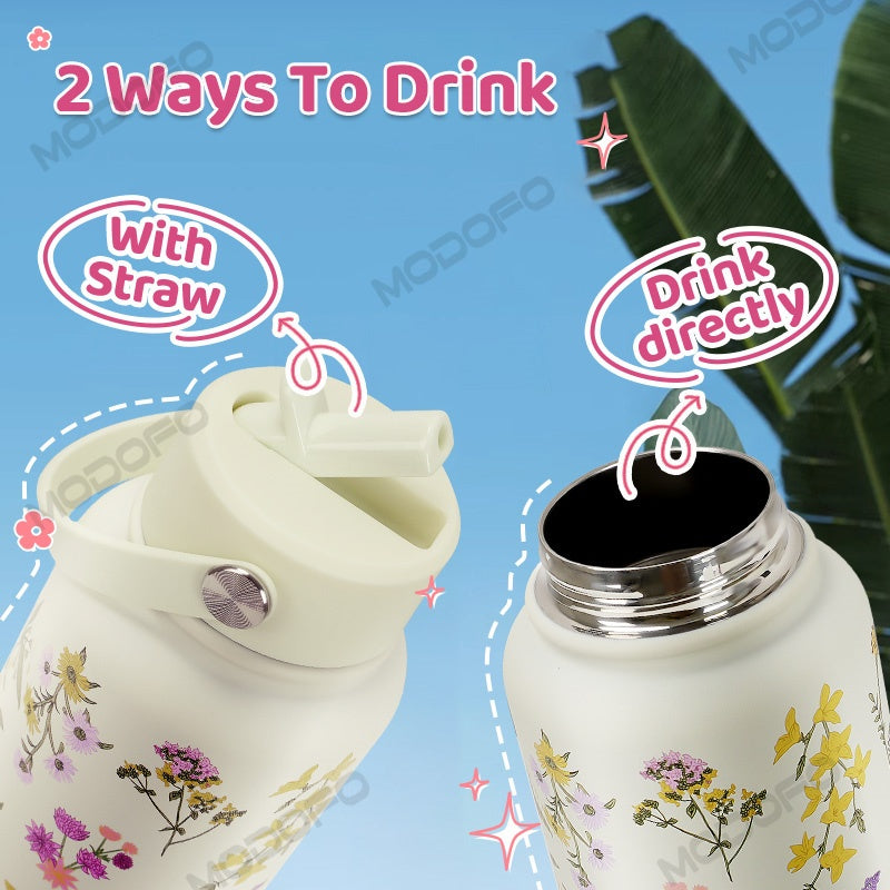 MODOFO 304 Stainless Steel Thermos Flask with Straw, Custom Printed, 1000ML Large Capacity