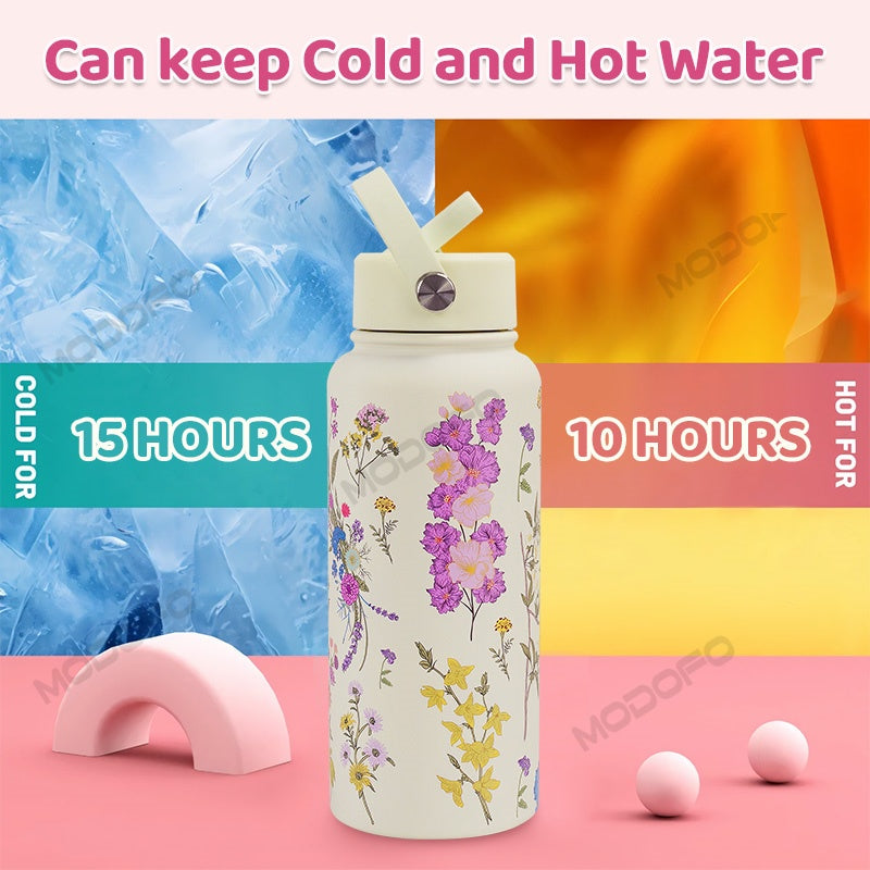 MODOFO 304 Stainless Steel Thermos Flask with Straw, Custom Printed, 1000ML Large Capacity