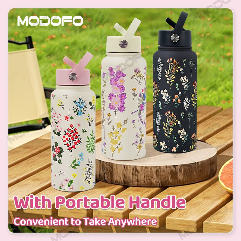 MODOFO 304 Stainless Steel Thermos Flask with Straw, Custom Printed, 1000ML Large Capacity