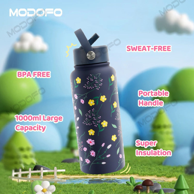 MODOFO 304 Stainless Steel Thermos Flask with Straw, Custom Printed, 1000ML Large Capacity