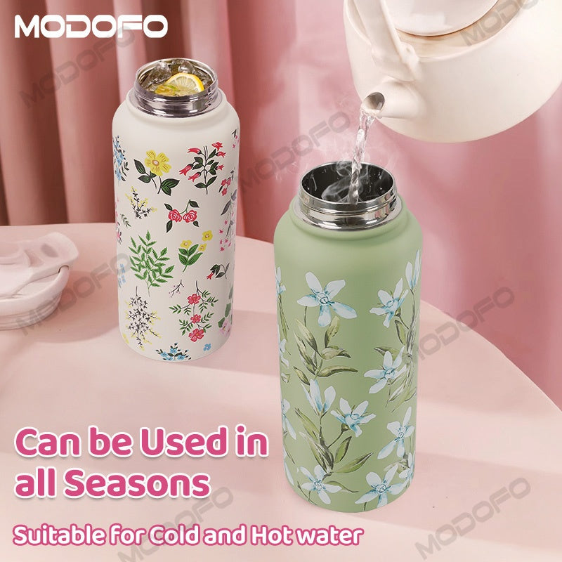 MODOFO 304 Stainless Steel Thermos Flask with Straw, Custom Printed, 1000ML Large Capacity
