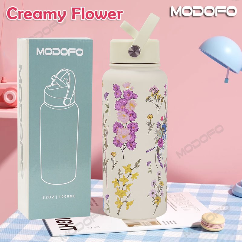 MODOFO 304 Stainless Steel Thermos Flask with Straw, Custom Printed, 1000ML Large Capacity