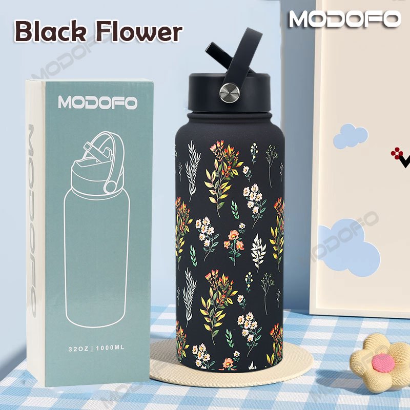 MODOFO 304 Stainless Steel Thermos Flask with Straw, Custom Printed, 1000ML Large Capacity
