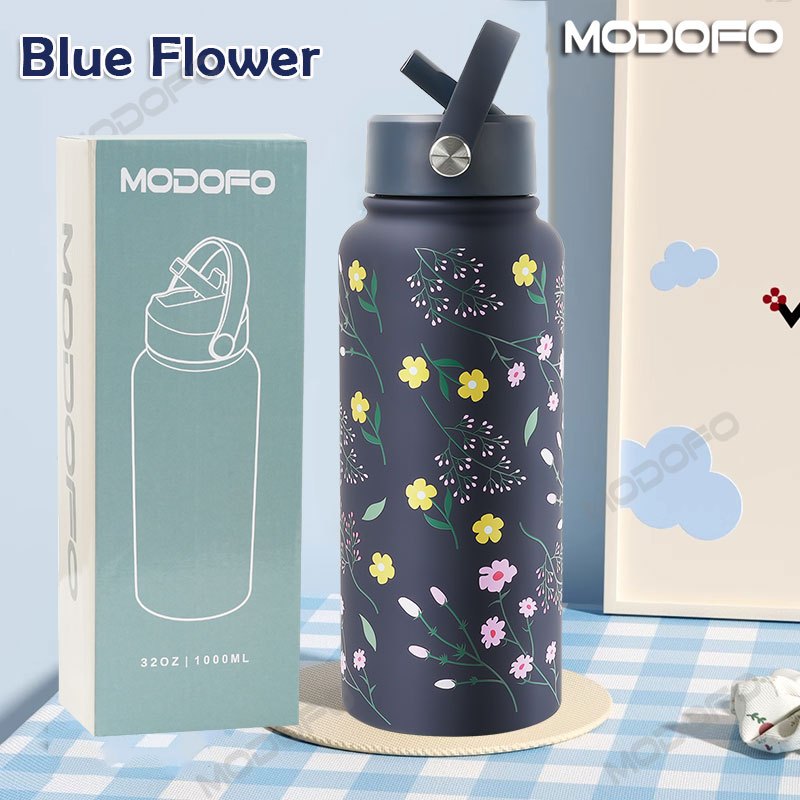 MODOFO 304 Stainless Steel Thermos Flask with Straw, Custom Printed, 1000ML Large Capacity