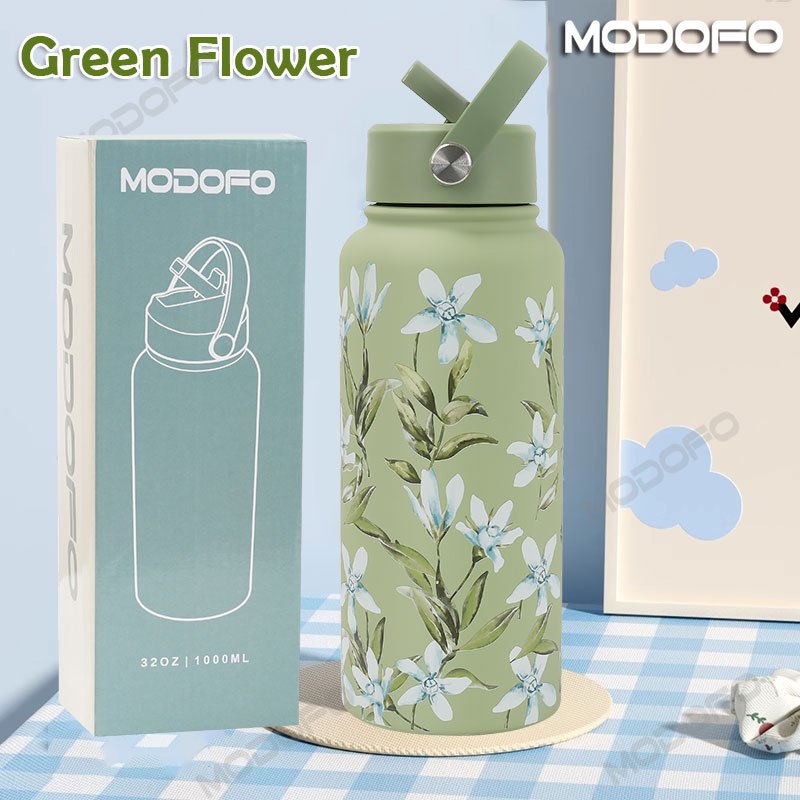 MODOFO 304 Stainless Steel Thermos Flask with Straw, Custom Printed, 1000ML Large Capacity