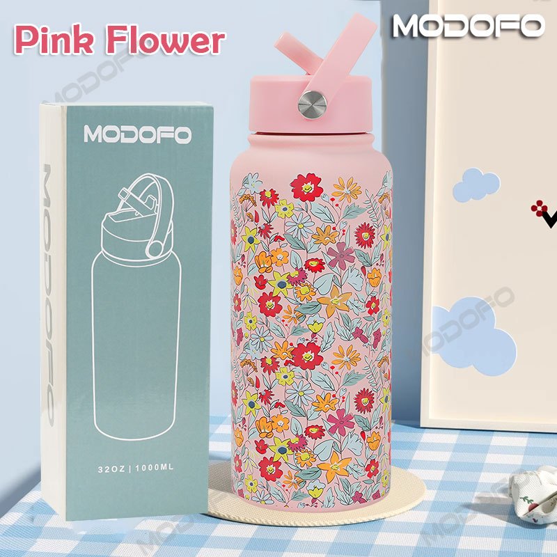 MODOFO 304 Stainless Steel Thermos Flask with Straw, Custom Printed, 1000ML Large Capacity