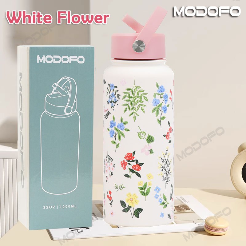 MODOFO 304 Stainless Steel Thermos Flask with Straw, Custom Printed, 1000ML Large Capacity