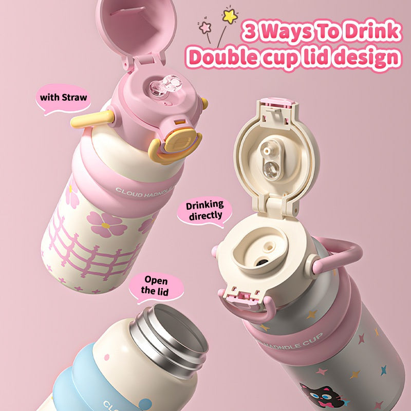 MODOFO 600ML Cute 316 Stainless Steel Portable Thermos Water Bottle with Straw
