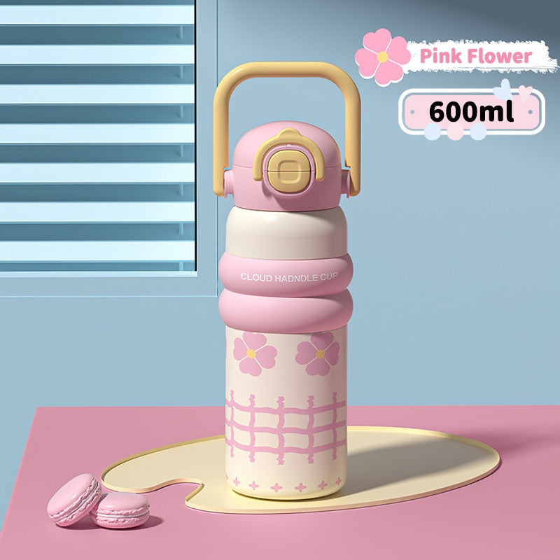 MODOFO 600ML Cute 316 Stainless Steel Portable Thermos Water Bottle with Straw