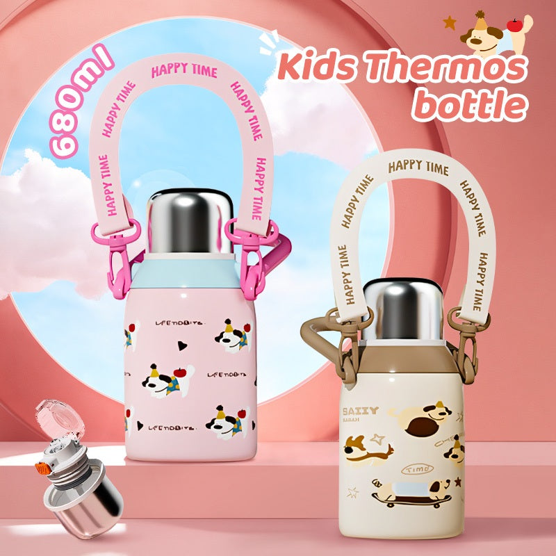 MODOFO 680ML Cartoon Cute Children's Thermos Bottle 316 Stainless Steel with Straw and Carrying Strap