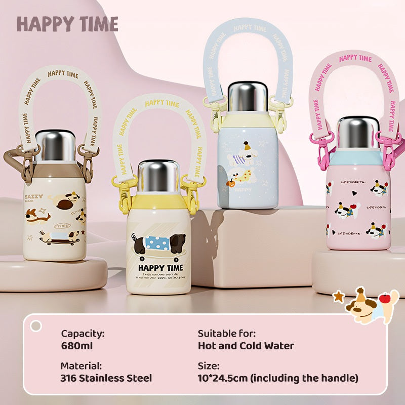 MODOFO 680ML Cartoon Cute Children's Thermos Bottle 316 Stainless Steel with Straw and Carrying Strap