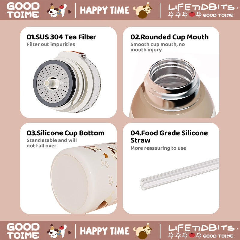 MODOFO 680ML Cartoon Cute Children's Thermos Bottle 316 Stainless Steel with Straw and Carrying Strap