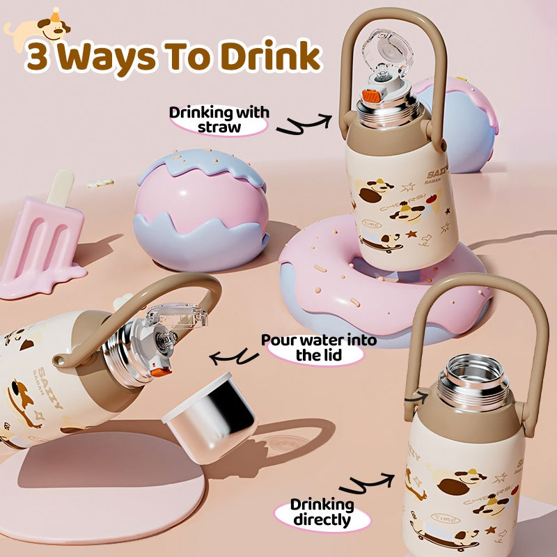 MODOFO 680ML Cartoon Cute Children's Thermos Bottle 316 Stainless Steel with Straw and Carrying Strap