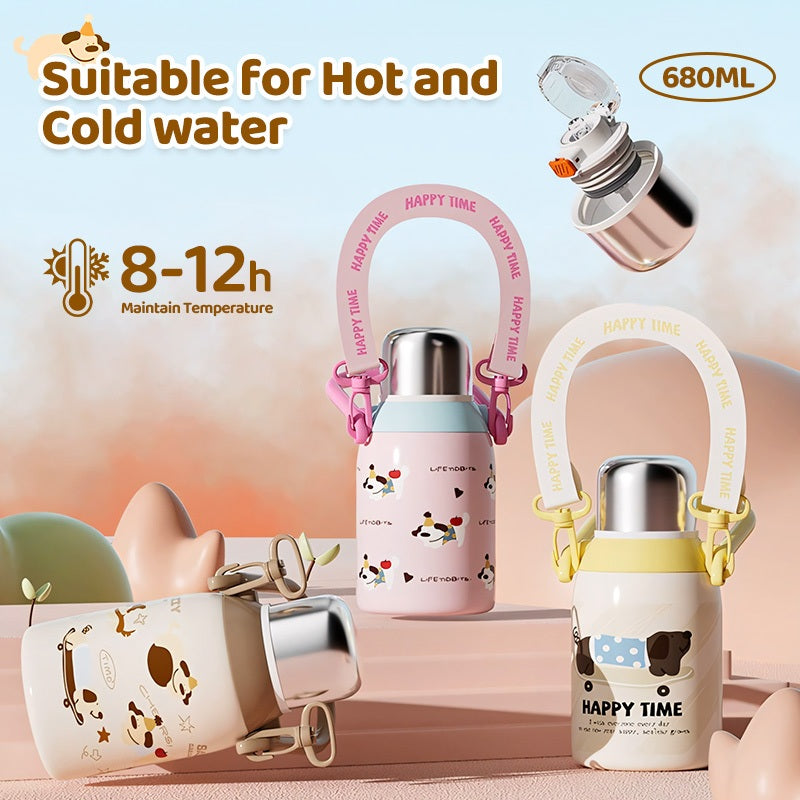 MODOFO 680ML Cartoon Cute Children's Thermos Bottle 316 Stainless Steel with Straw and Carrying Strap
