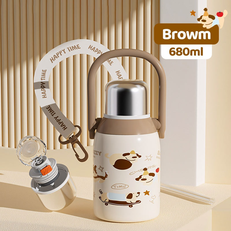 MODOFO 680ML Cartoon Cute Children's Thermos Bottle 316 Stainless Steel with Straw and Carrying Strap