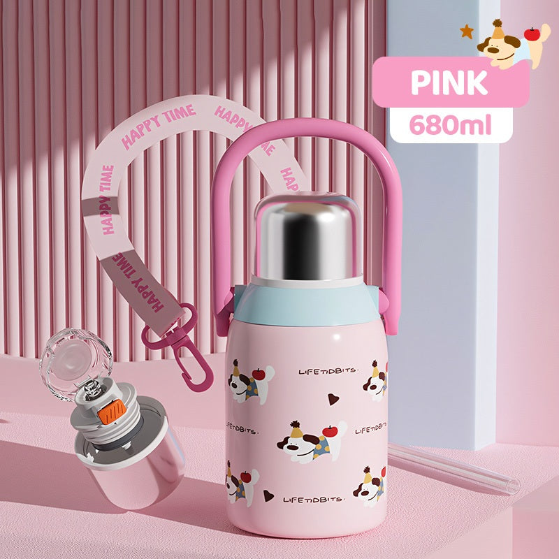 MODOFO 680ML Cartoon Cute Children's Thermos Bottle 316 Stainless Steel with Straw and Carrying Strap