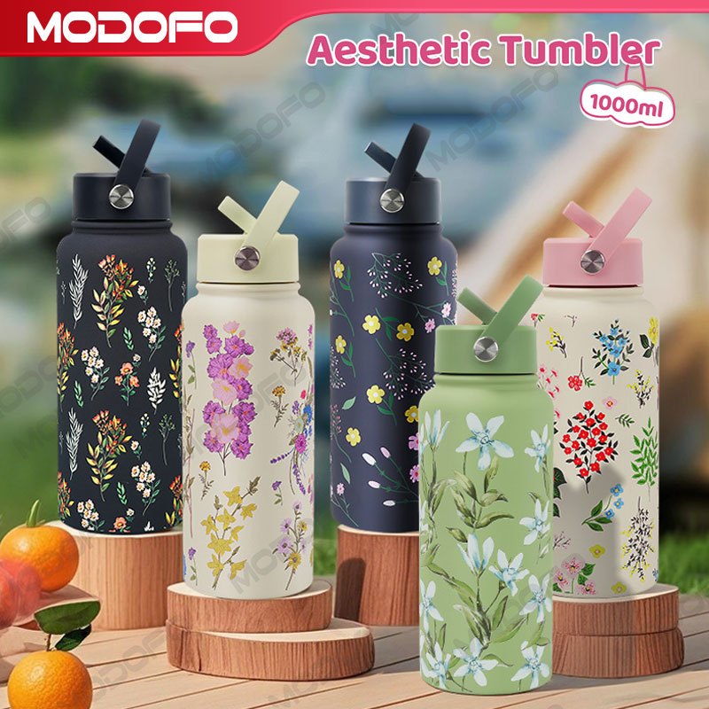 MODOFO 304 Stainless Steel Thermos Flask with Straw, Custom Printed, 1000ML Large Capacity