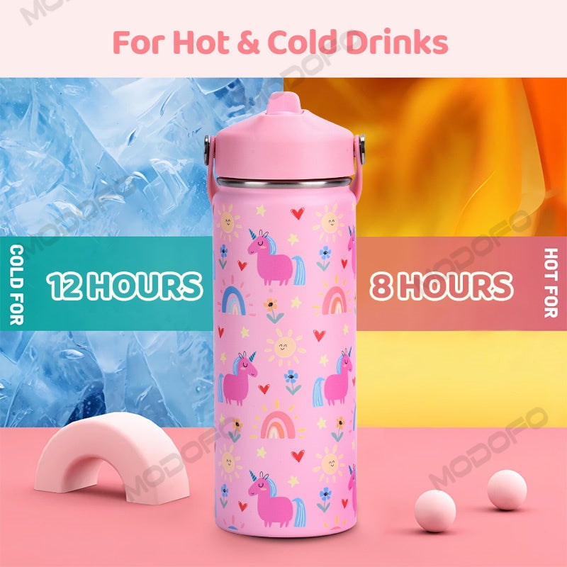 MODOFO 18oz Kids Stainless Steel Water Bottle with Cute Cartoon Print