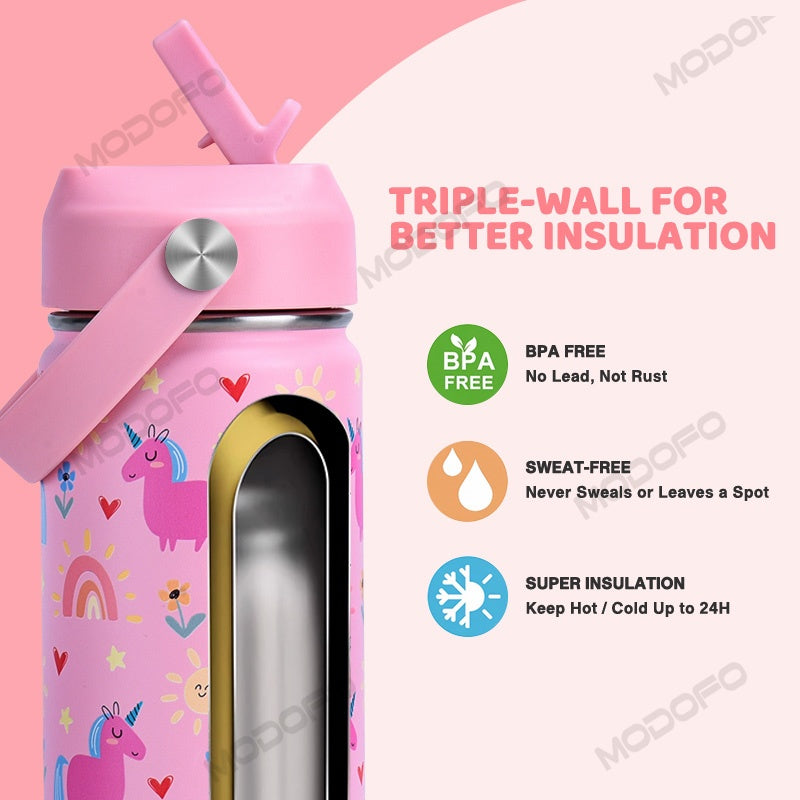 MODOFO 18oz Kids Stainless Steel Water Bottle with Cute Cartoon Print